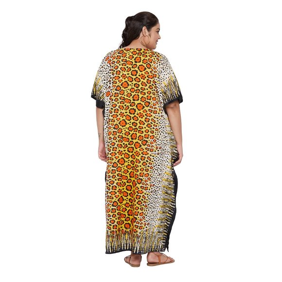 Gypsie Blu Leopard Print Yellow Caftan Maxi Dress with Kimono Sleeve Loungewear - Picture 7 of 8